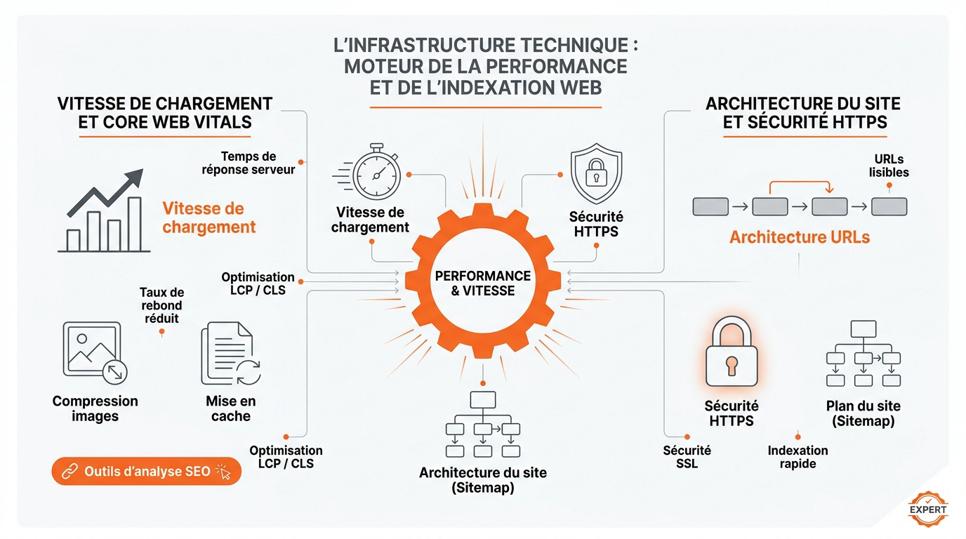 Schéma de l'infrastructure technique d'un site web optimisé pour les moteurs de recherche