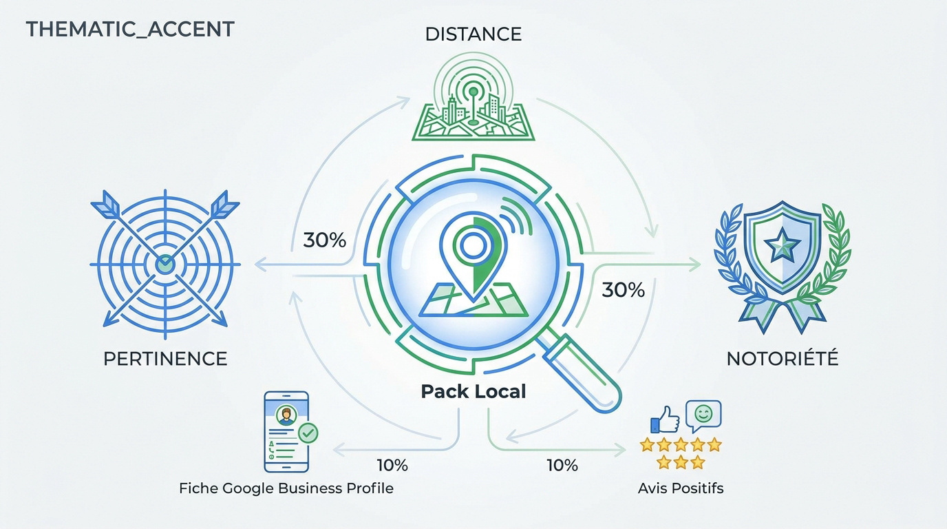 Schéma des trois piliers du pack local Google : pertinence, distance et notoriété