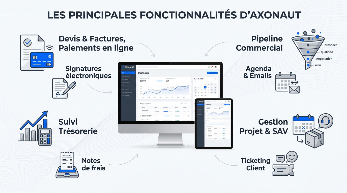 Interface des fonctionnalités clés du logiciel de gestion Axonaut