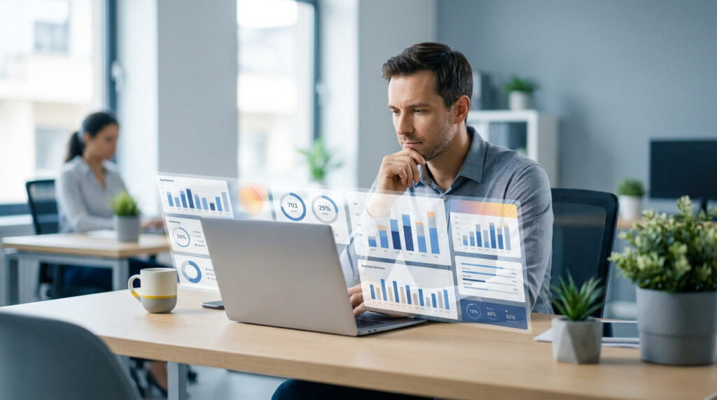 Un homme concentré consulte des graphiques de données numériques holographiques flottant au-dessus de son ordinateur portable.