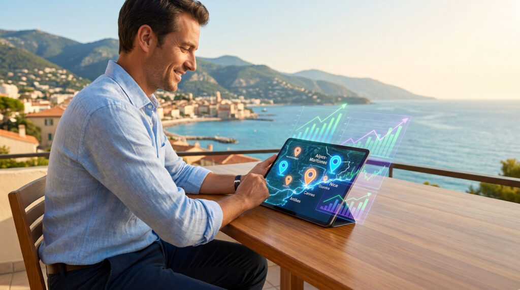Homme utilisant une tablette affichant des données SEO sur les Alpes-Maritimes face à la mer.